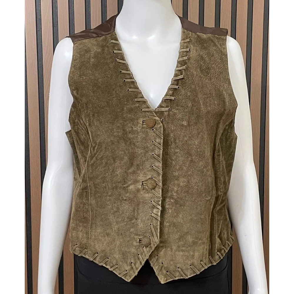 Haband Women's M Brown Vest Leather Biker Western Cowgirl Comfort Hippie Vintage